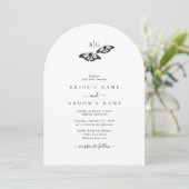 Minimalistische zwart witte vlinder monogram bruil kaart (Staand voorkant)