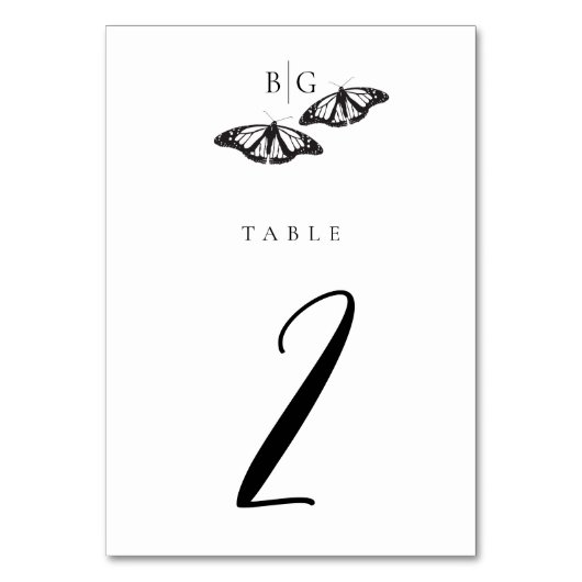 Minimalistische zwart witte vlinder monogram bruil kaart (Achterkant)