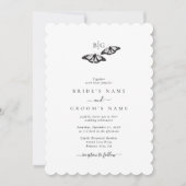 Minimalistische zwart witte vlinder monogram bruil kaart (Voorkant)