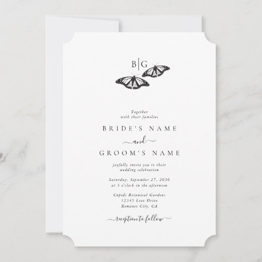 Minimalistische zwart witte vlinder monogram bruil kaart (Voorkant)