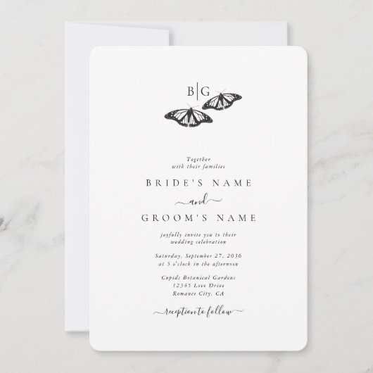 Minimalistische zwart witte vlinder monogram bruil kaart (Voorkant)