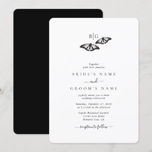 Minimalistische zwart witte vlinder monogram bruil kaart