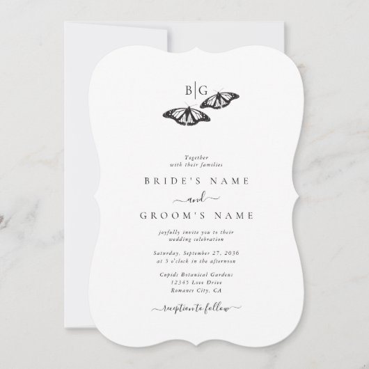 Minimalistische zwart witte vlinder monogram bruil kaart (Voorkant)