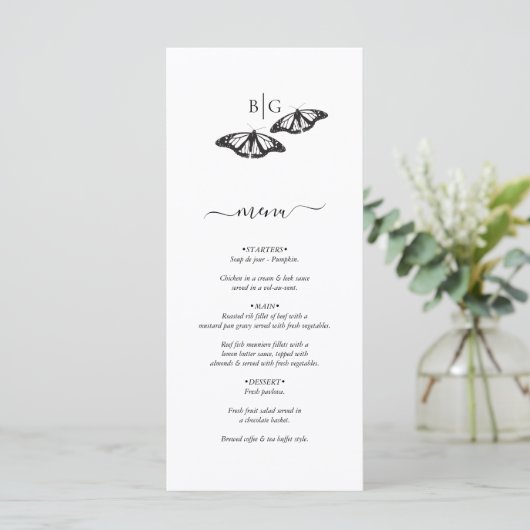 Minimalistische zwart witte vlinder monogram bruil menu (Staand voorkant)