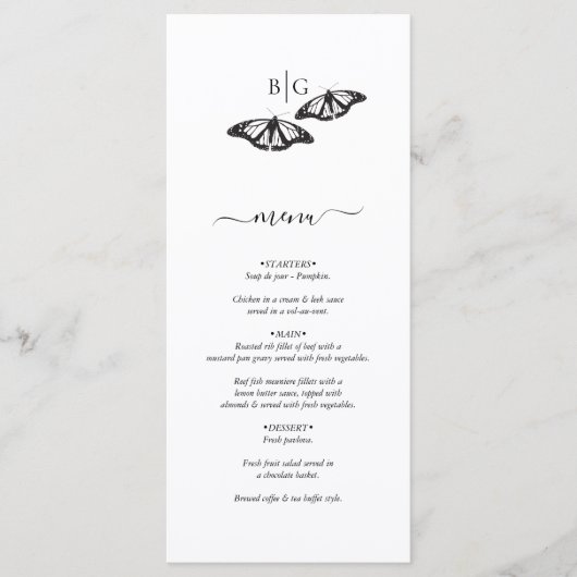 Minimalistische zwart witte vlinder monogram bruil menu (Voorkant)
