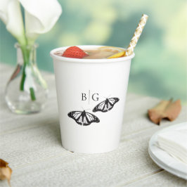 Minimalistische zwart witte vlinder monogram bruil papieren bekers