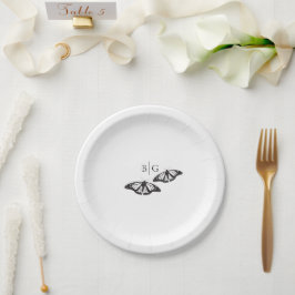 Minimalistische zwart witte vlinder monogram bruil papieren bordje