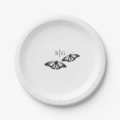 Minimalistische zwart witte vlinder monogram bruil papieren bordje (Voorkant)