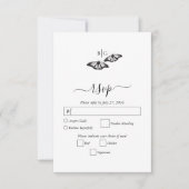 Minimalistische zwart witte vlinder monogram bruil RSVP kaartje (Voorkant)