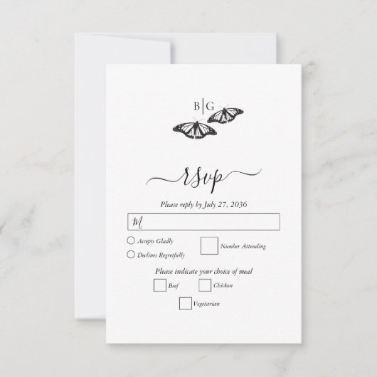 Minimalistische zwart witte vlinder monogram bruil RSVP kaartje (Voorkant)