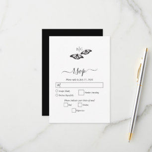 Minimalistische zwart witte vlinder monogram bruil RSVP kaartje