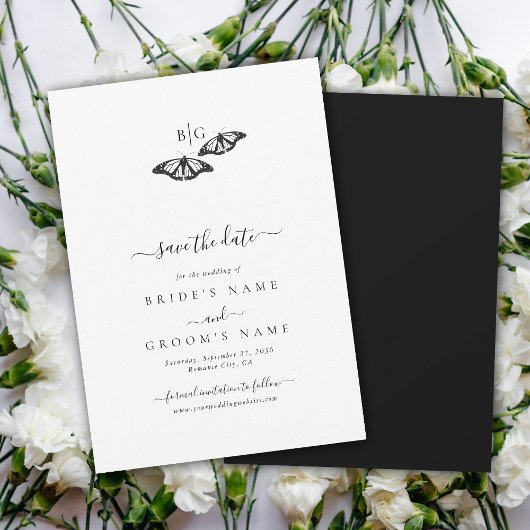 Minimalistische zwart witte vlinder monogram bruil save the date