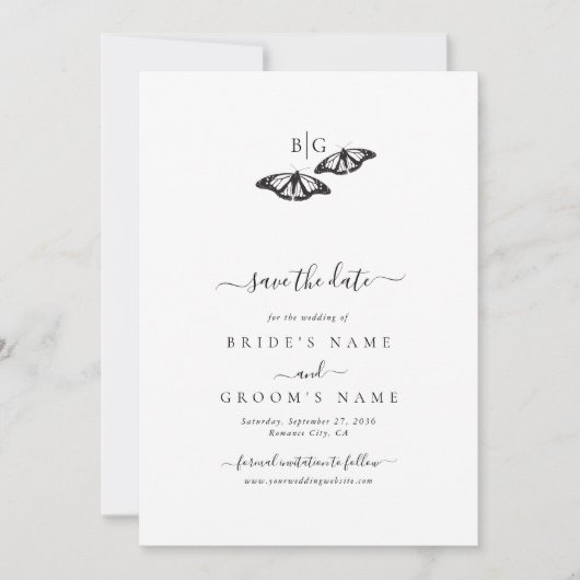 Minimalistische zwart witte vlinder monogram bruil save the date (Voorkant)