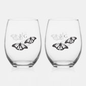 Minimalistische zwart witte vlinder monogram bruil wijnglas zonder voet (Achterkant)