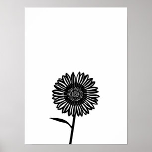 Minimalistische zwart-witte zonnebloem poster