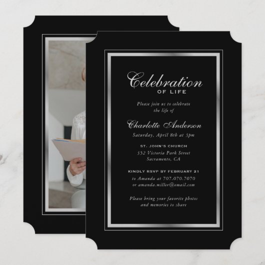 Minimalistische Zwart Zilveren Fotoviering van het Kaart (Voorkant / Achterkant)