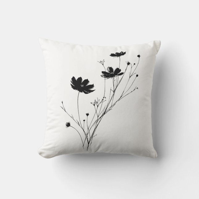 Minimalistische Zwarte Artistieke Wilde Bloem Worp Kussen (Voorkant)