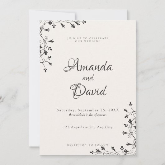 Minimalistische Zwarte Bloemen Hoek Huwelijksuitno Kaart (Voorkant)