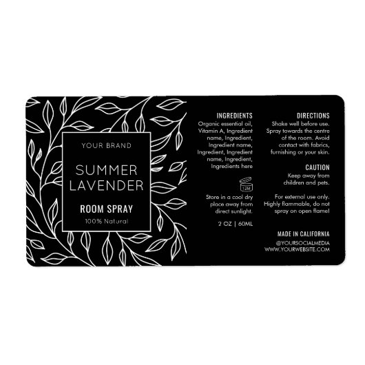 Minimalistische Zwarte Bloemkamer Spray Fles Label (Voorkant)