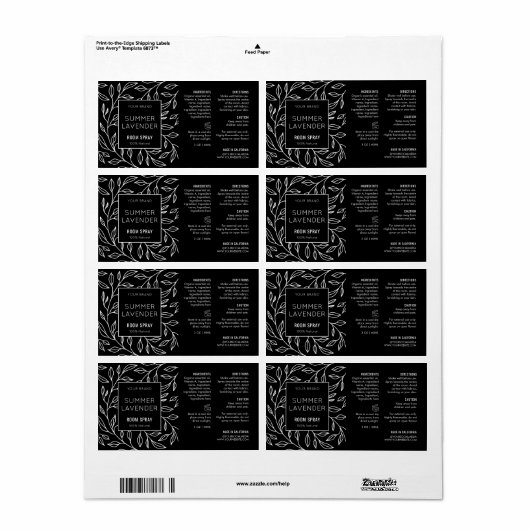 Minimalistische Zwarte Bloemkamer Spray Fles Label (Full Sheet)
