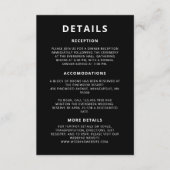 Minimalistische zwarte bruiloft accommodatie detai informatiekaartje (Voorkant)