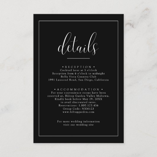 Minimalistische zwarte bruiloft details informatiekaartje (Voorkant)