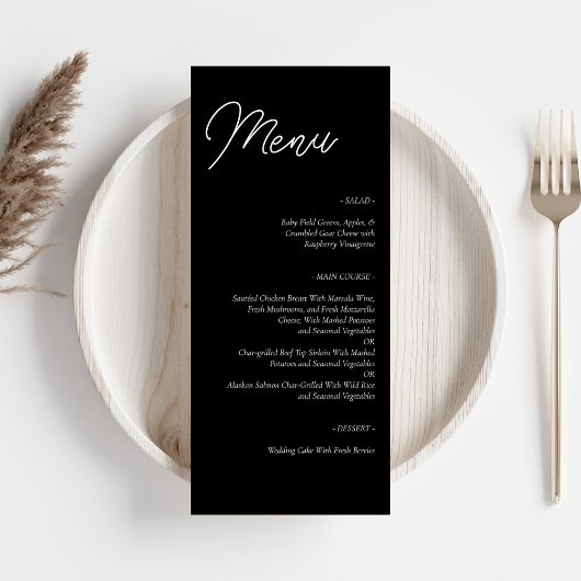 Minimalistische zwarte bruiloft menu