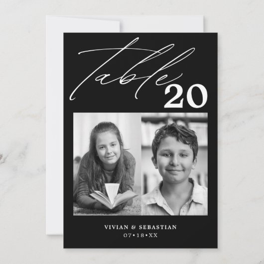 Minimalistische zwarte bruiloft tafel nummer twee  aankondiging (Achterkant)