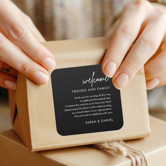Minimalistische zwarte bruiloft Welkomstcadeau voo Vierkante Sticker