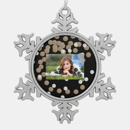 minimalistische zwarte champagne gouden confetti tin sneeuwvlok ornament (Voorkant)