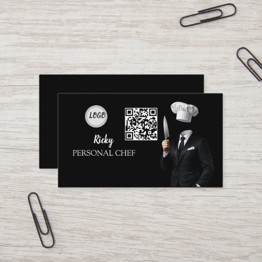 Minimalistische zwarte chef-uniform foto QR-code Visitekaartje (Voorkant / Achterkant in situ)