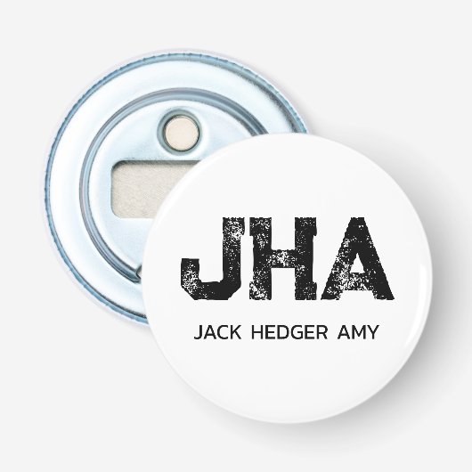 MINIMALISTISCHE ZWARTE DRIELITTERIGE MONOGRAM NAAM BUTTON FLESOPENER (Voorkant)