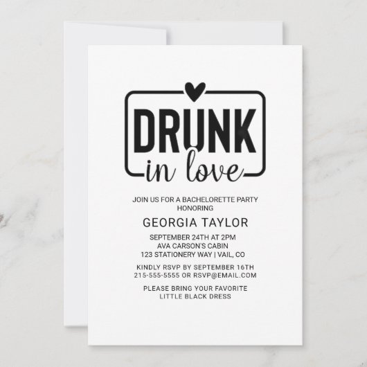 Minimalistische zwarte "Drink in de liefde" Bachel Kaart (Voorkant)