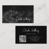 Minimalistische Zwarte Druppende Glitter QR-code E Visitekaartje (Voorkant / Achterkant)