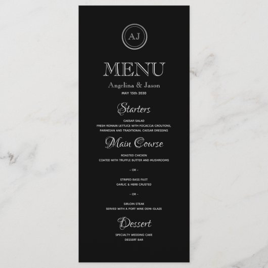 Minimalistische Zwarte Elegante Trouwdiner Menu (Voorkant)