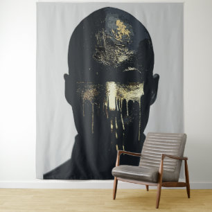 Minimalistische Zwarte en Gouden Abstracte Portret Wandkleed