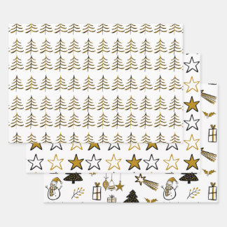 Minimalistische zwarte en gouden kerstboom en ster inpakpapier vel