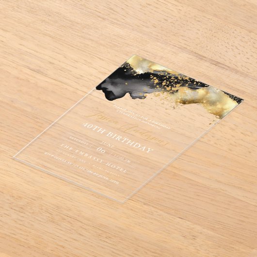 Minimalistische Zwarte en Gouden Script 40e Verjaa Acryl Uitnodigingen (Laagn)