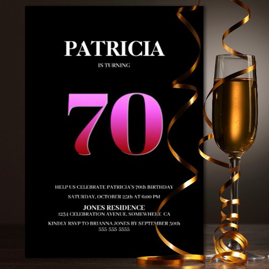 Minimalistische zwarte en roze 70ste verjaardag kaart