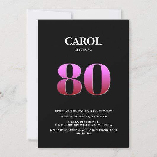 Minimalistische zwarte en roze 80ste verjaardag kaart (Voorkant)