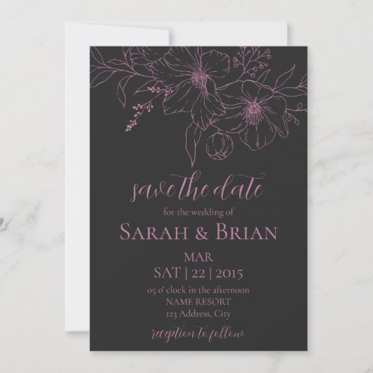 Minimalistische zwarte en roze trouwkaart Save The Date (Voorkant)