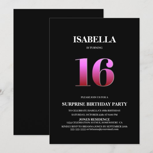 Minimalistische zwarte en roze verrassingsdag 16e  kaart (Voorkant / Achterkant)