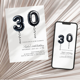 Minimalistische zwarte en witte ballonnen 30e verj kaart