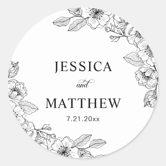 Minimalistische zwarte en witte bloem  ronde sticker (Voorkant)