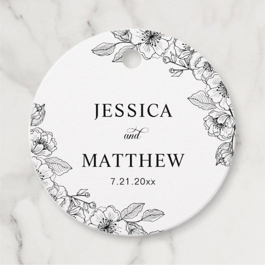 Minimalistische Zwarte en Witte Bloemen Bedankjes Labels (Voorkant)