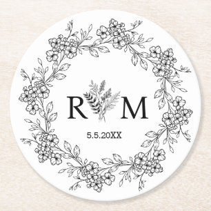 Minimalistische Zwarte en Witte Bloemige Monogram Ronde Kartonnen Onderzetter