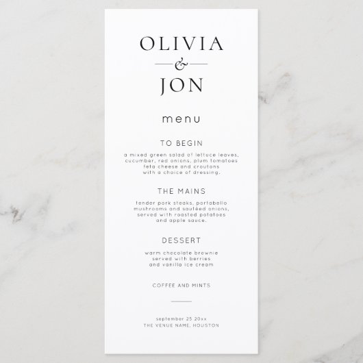 Minimalistische Zwarte en Witte Bruiloft Menu (Voorkant)