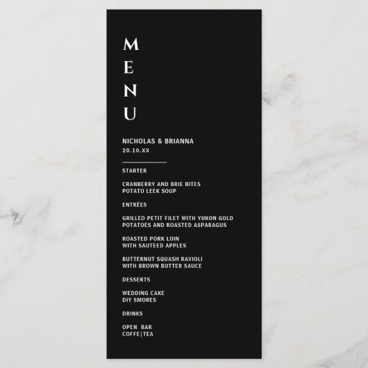 Minimalistische Zwarte en Witte Bruiloft Menu (Voorkant)