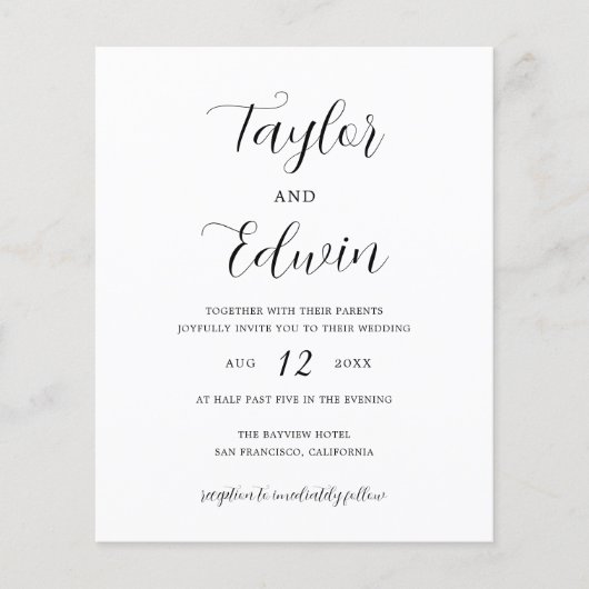 Minimalistische zwarte en witte budget bruiloftsin flyer (Voorkant)
