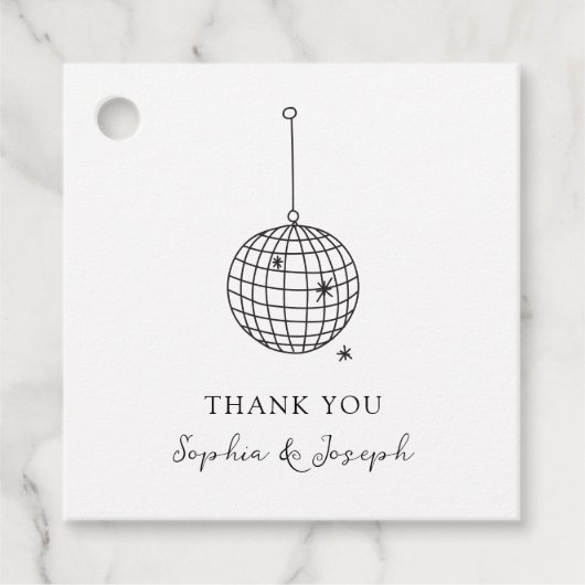 Minimalistische zwarte en witte discobal bedankjes labels (Voorkant)